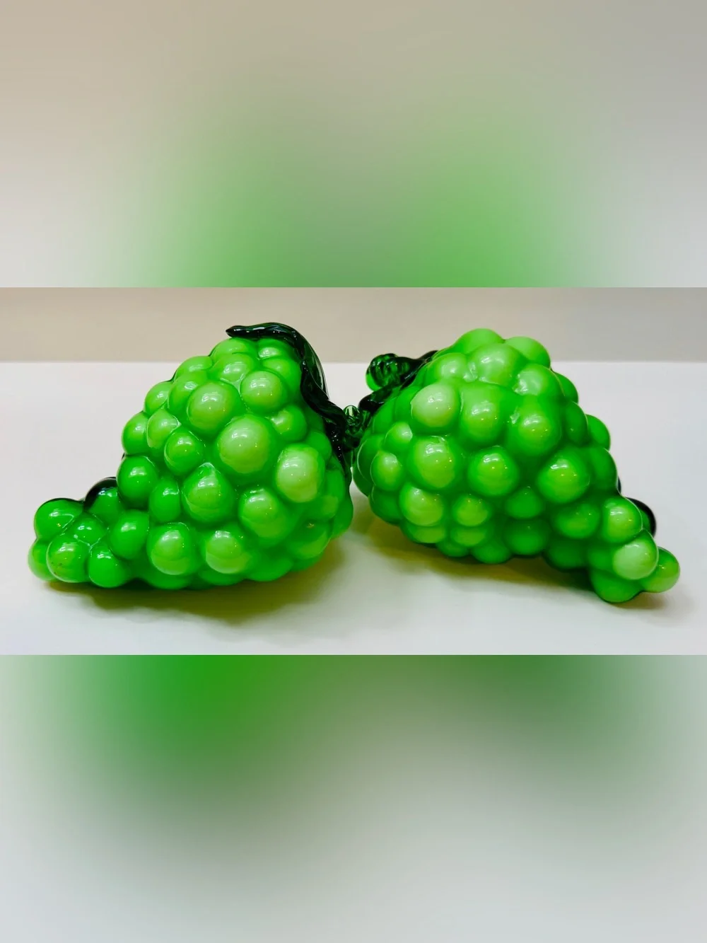 Green Glass Grape Clusters Set of 2 Fruit Figurines 6” Table Decor